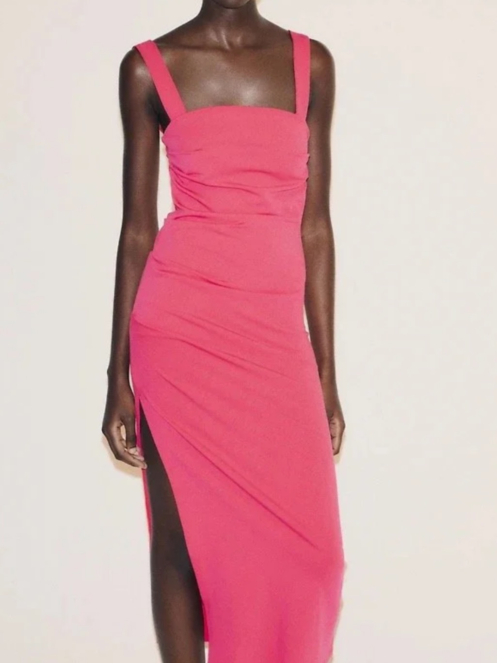 Zara Hot Pink Square-Neck Maxi Dress With Side Slit